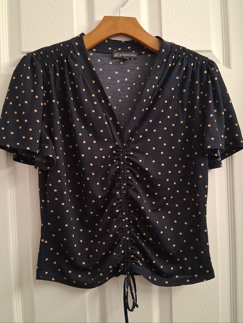 Adrianna Papell Cropped Navy Dot Blouse Small